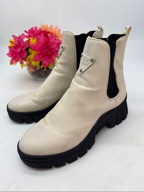 GUESS Westia Cream Leather Chelsea Lug Boots with Black Sole WRB9853